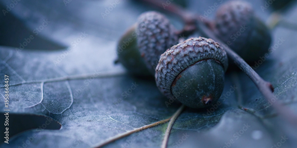 Obraz premium Close up of acorns resting on a textured oak leaf, evoking the serene and melancholic atmosphere of autumn, with soft, cool tones enhancing the natural beauty of the scene