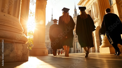 Graduation ceremony at sunset with graduates walking in academic robes through a historic architectural setting