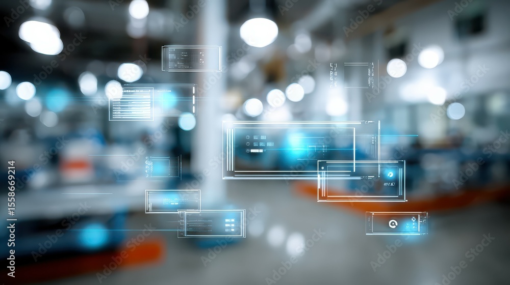 Fototapeta premium Futuristic digital display panels showing data in a blurred industrial setting