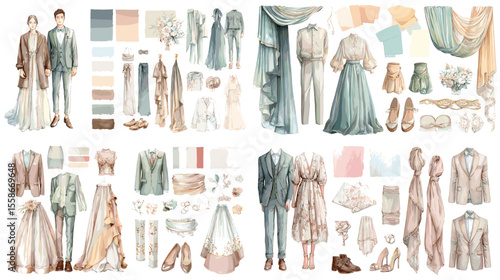 Complete watercolor toolkit of wedding fashion, outfits, accessories, fabrics, and swatches for planners, stylists, and romantic design projects.

