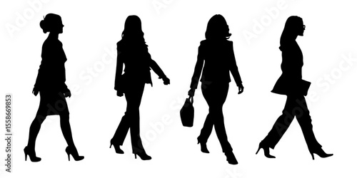 Silhouettes of women in business suits in motion. Black silhouettes of girls in suits