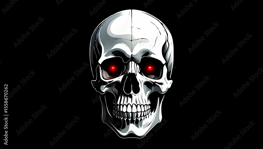 A metallic skull with glowing red eyes is isolated on black A metallic skull with glowing red eyes is isolated on black