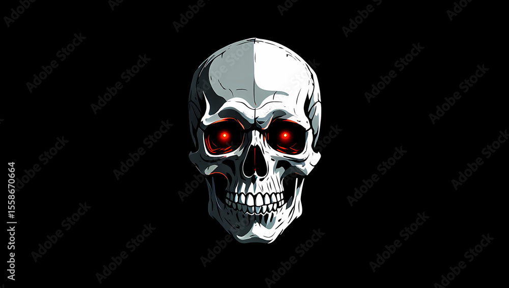 A detailed illustration of a white skull with glowing red eyes set against a black background A detailed illustration of a white skull with glowing red eyes set against a black background