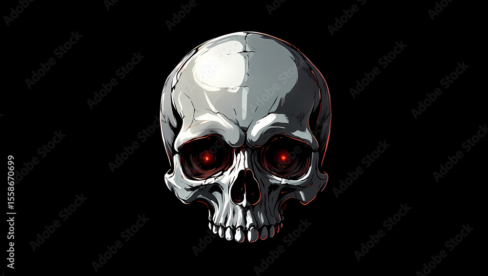 A detailed illustration of a white skull with glowing red eyes set against a black background A detailed illustration of a white skull with glowing red eyes set against a black background