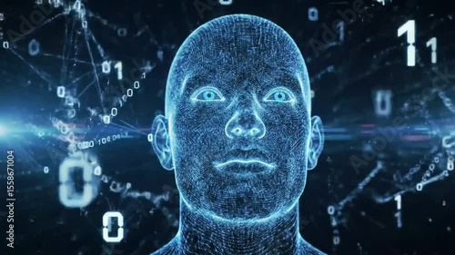 Futuristic Digital AI Face in Particle Mesh with Data Network Background