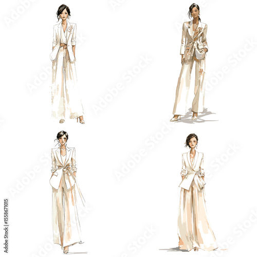 Stylish watercolor illustrations of modern women in elegant cream suits, perfect for fashion design, magazine spreads, and trend-setting visual content.

