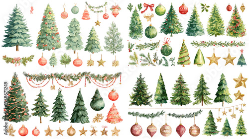 Festive watercolor illustration of Christmas trees, ornaments, stars, and garlands, perfect for holiday cards, seasonal decor, and winter designs.

