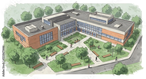 Architectural rendering of a modern building with glass windows, surrounding trees, and people walking in the courtyard.