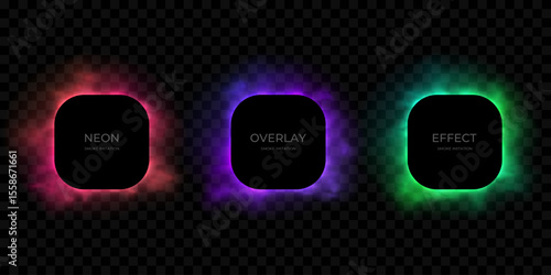 Set of glowing vibrant frames with neon smoke imitation isolated on black background. Pink, purple, green illumination, square border designs. Abstract gradient colorful templates for banner, poster