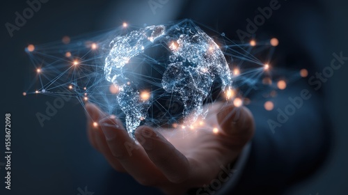 A hand holding a globe with a lot of lines and dots on it. The globe is blue and the lines and dots are orange