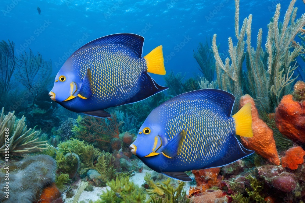 Fototapeta premium Two blue angelfish swimming over a vibrant coral reef