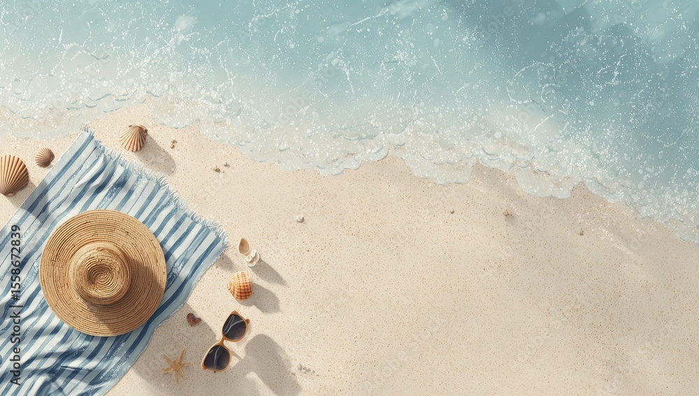 Naklejka premium Overhead view of a sandy beach scene; a straw hat rests on a blue and white striped towel near seashells and sunglasses, with ocean waves gently lapping the shore