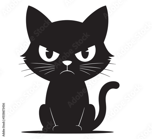 Grumpy black cat silhouette with angry eyes and curled tail