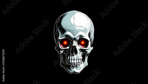 An illustration of a human skull with glowing red eyes on a black background