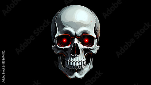 Glowing red eyes pierce the darkness in this skull illustration