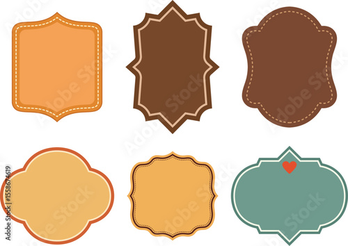 Six decorative vintage label shapes with decorative stitching and various colors