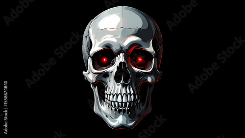 A metallic skull with glowing red eyes is isolated on black background