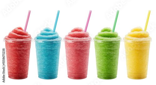 Five colorful slushies in plastic cups with straws, isolated on transparent background