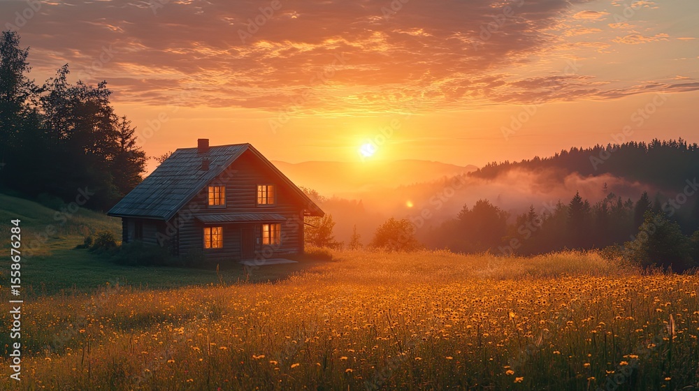 Rural countryside house glowing at sunrise in peaceful morning landscape for rustic living Rural countryside house glowing at sunrise in peaceful morning landscape for rustic living