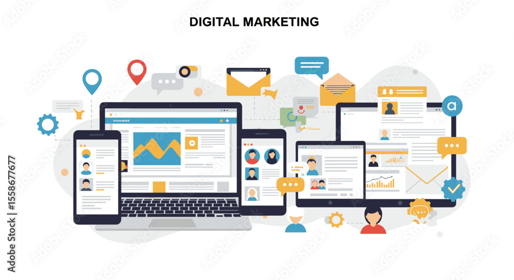 Vector illustration of digital marketing concept for online promotion in flat style Vector illustration of digital marketing concept for online promotion in flat style