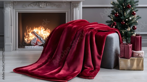 Cozy Red Fleece Blanket Christmas Fireplace