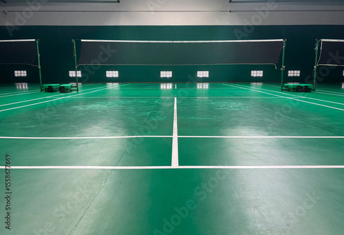 Empty badminton court, indoors badminton court, view behind the court.