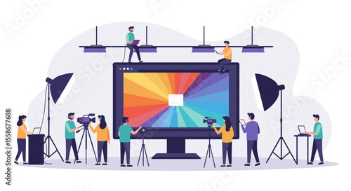 Creative team filming production process vector illustration for media and design