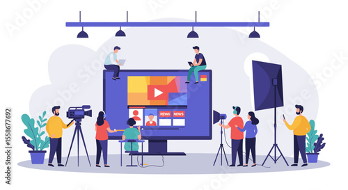 News production team concept - colorful vector illustration for media design