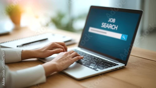Close-up of laptop screen showing job search page, woman using keyboard at wooden desk with notepad and pen, concept of career exploration online job search, job listing, employmen,laptop scre