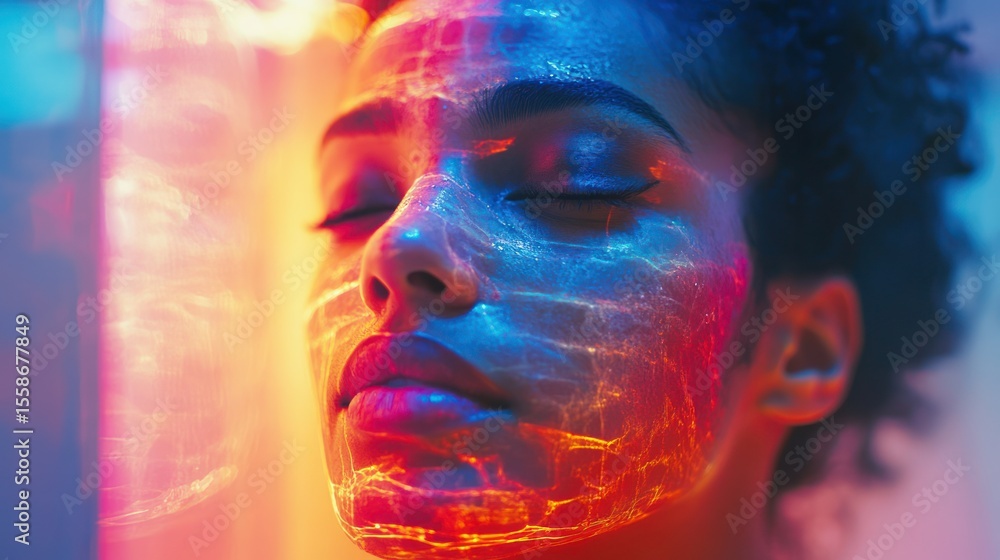 Close-up of a woman with a luminous face mask, bathed in vibrant, multicolored light Close-up of a woman with a luminous face mask, bathed in vibrant, multicolored light