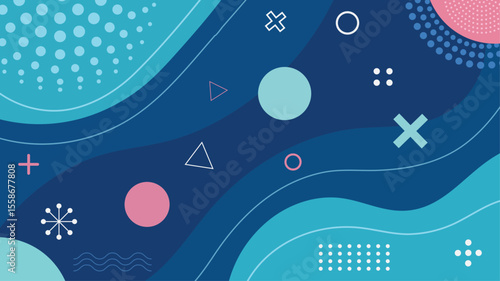 Abstract geometric composition of fluid shapes and decorative elements in gradient blues