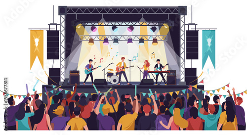 Music festival celebration - flat vector illustration of live band performance with enthusiastic crowd scene