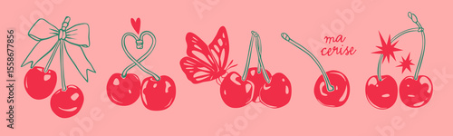 Red Cherry set. Cherries on stem, with bow ribbon, butterfly, heart. Double, triple cherries. Hand drawn trendy Vector illustration. Isolated design elements. Icon, print, sticker templates