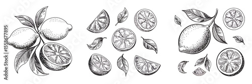 A Black and White Hand-Drawn Illustration of Lemons Fresh Citrus Fruit Design