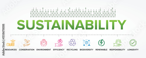 Sustainability concept vector icons set infographic illustration background. Conservation, Resources, Environment, Efficiency, Recycling, Biodiversity, Renewable, Responsibility, Longevity.
