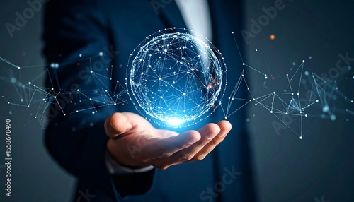 A three-dimensional sphere composed like space on the hand of a blurred man in a suit