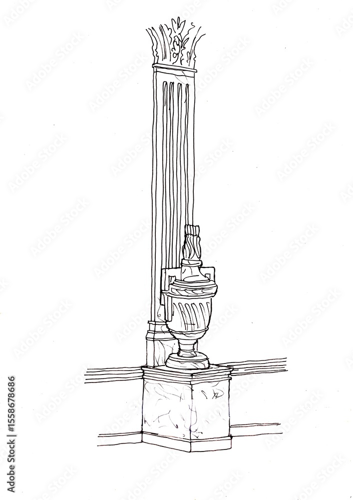 Obraz premium Black and white sketch of an urn and pillar.