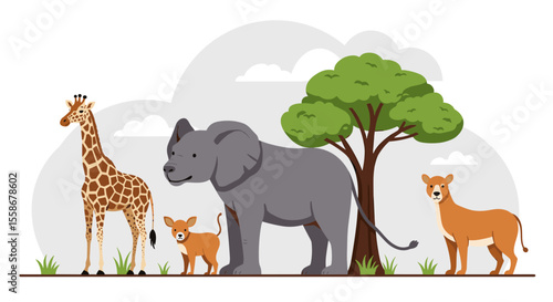 African safari animals vector illustration for kids' educational poster in flat style