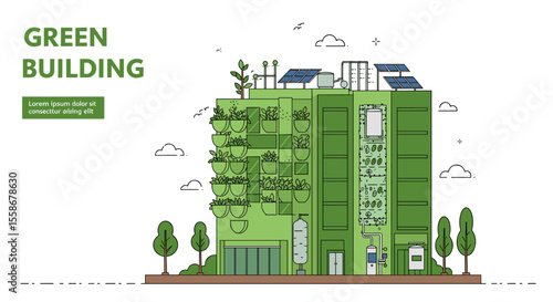 Eco-friendly architecture: sustainable urban green building vector illustration in flat style for modern design concepts