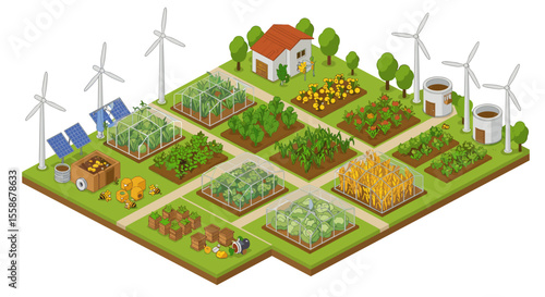 Sustainable farm isometric vector illustration: renewable energy and organic agriculture design