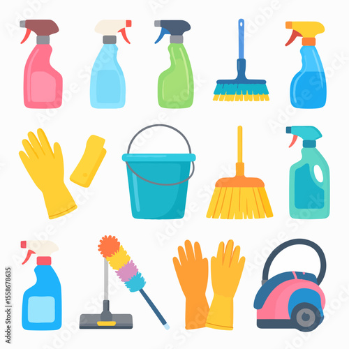 Assorted cleaning supplies displayed against a white backdrop including sprays brushes gloves  a vacuum