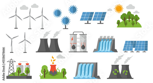 Renewable energy sources vector illustration: sustainable power elements for eco-friendly design in flat style