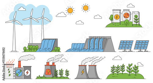 Renewable energy sources vector illustration - sustainable power concept in flat style for educational poster