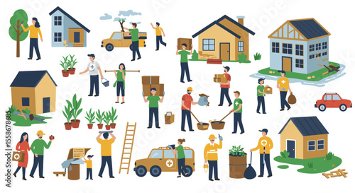 Community service and home building vector illustration for charity design in flat style