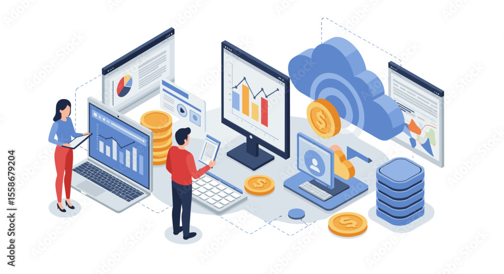 Financial data analysis concept vector illustration for business design in isometric style Financial data analysis concept vector illustration for business design in isometric style