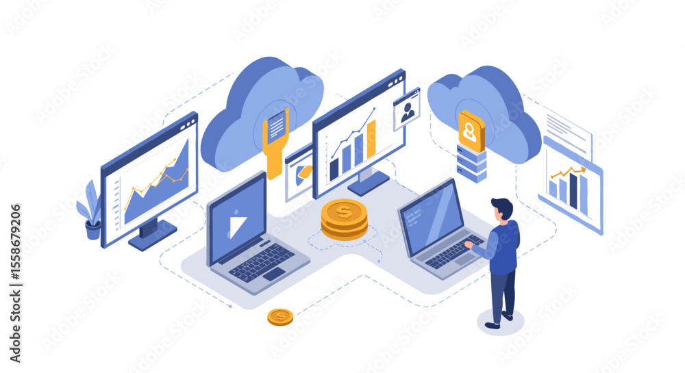 Obraz premium Data security and cloud computing vector illustration for business design in isometric style