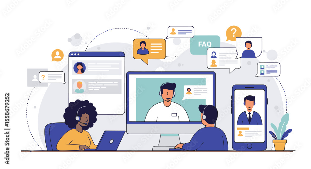 Remote communication solutions vector illustration, digital collaboration for design, poster, web, flat style Remote communication solutions vector illustration, digital collaboration for design, poster, web, flat style