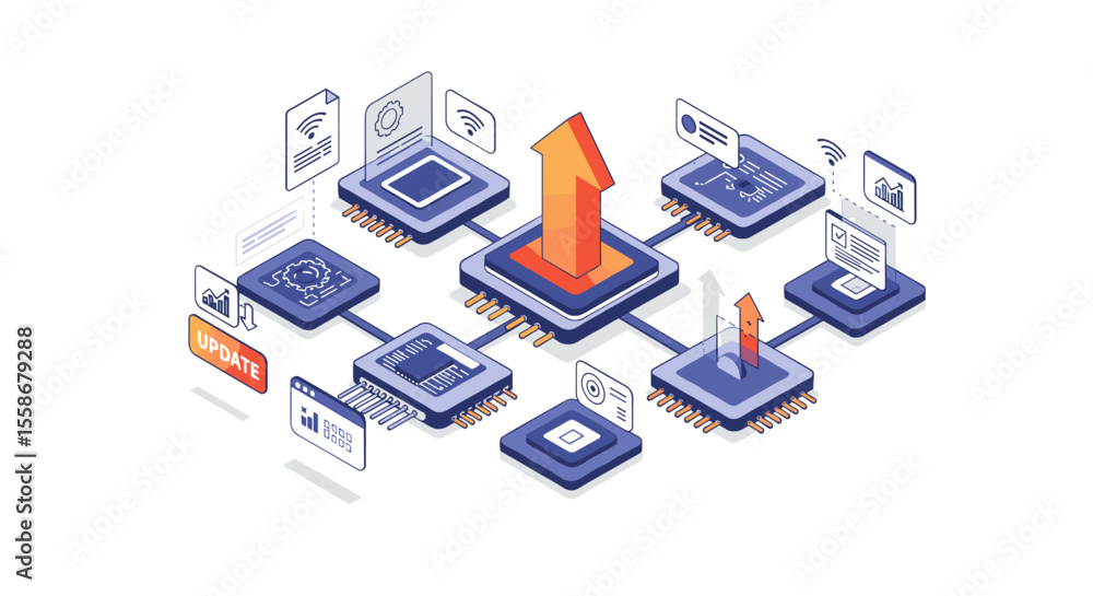 Technology update vector illustration: digital progress in isometric design for posters Technology update vector illustration: digital progress in isometric design for posters