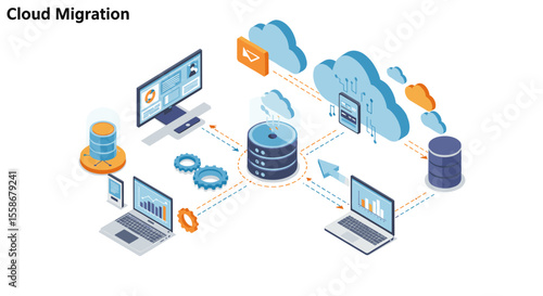 Cloud migration strategy vector illustration in isometric style for it infrastructure concept design