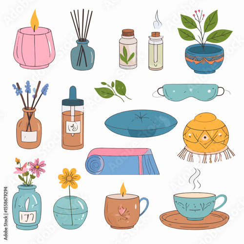 An assortment of illustrated selfcare items including candles essential oils yoga mat sleeping mask tea cup and plant